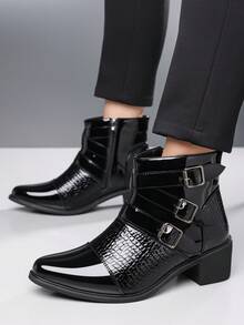 QRLQRL 1 Pair Men's Pointed Toe Low Heel Pull-On Mid-Calf Boots, PU Leather Upper, Rubber Sole, Non-Slip, Business Casual - Black - View 4