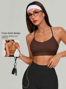 Women's Suspender Shockproof Running Athletic Training Active Top Push-Up Crossback Fitness Gym Wear Yoga Sports Bra With Chest Pads For All Season - Coffee Brown - View 2