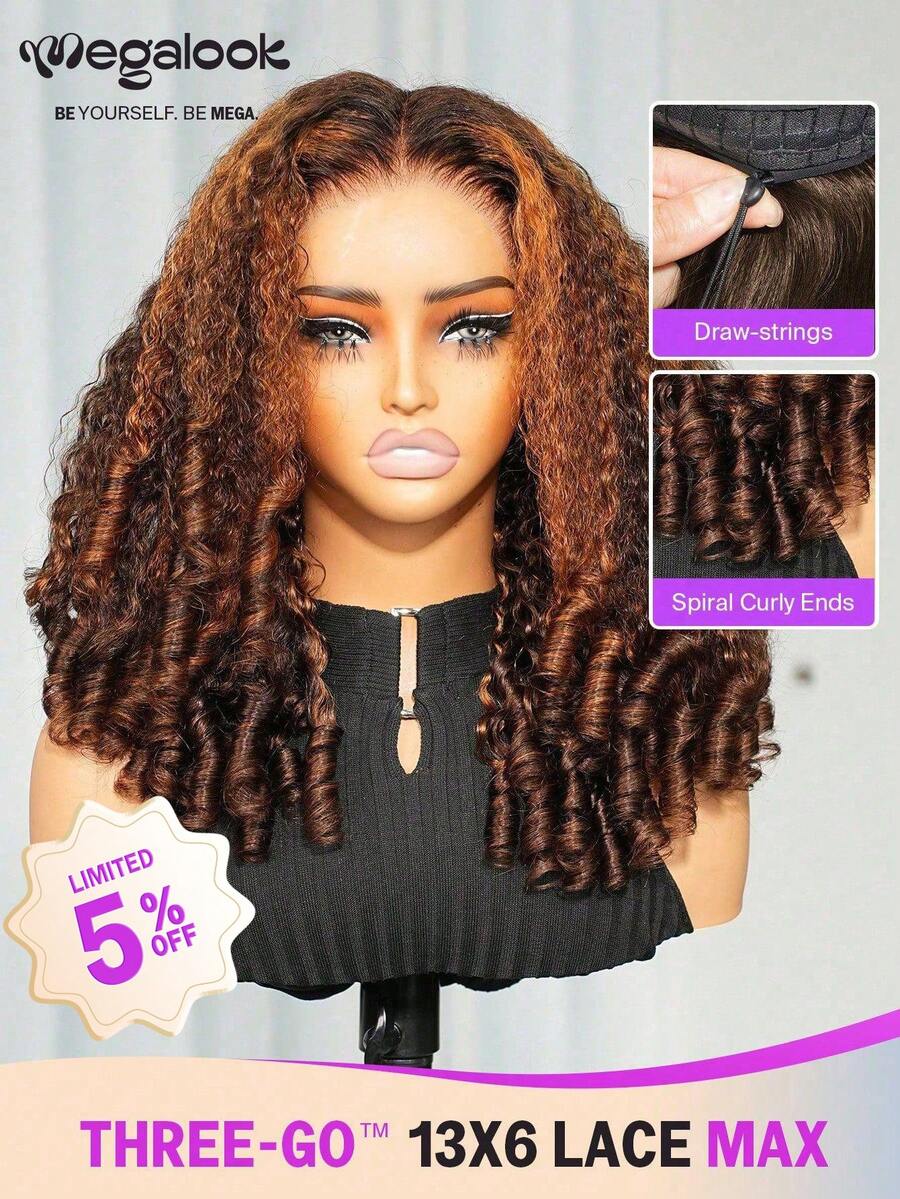 MEGALOOK 13x6 Three-Part Lace Front Wig, 100% Human Hair, Lightweight Adjustable Breathable Wig With Highlighted Curly Ends, Comfortable For All-Day Wear