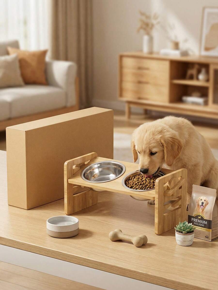 Adjustable Bamboo Pet Bowl Stand With Dual Stainless Steel Bowls. The Elevated Design Helps Protect Pets' Necks. Suitable For Small, Medium And Large Dogs And Cats, A Healthy Pet Feeding Station. - Random Capacity - View 1