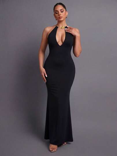 Faeriesty Elegant Deep V-Neck Strapless Long Mermaid Maxi Dress, Black, Fitted Silhouette, Floor-Length, Suitable For Party, Vacation, Wedding