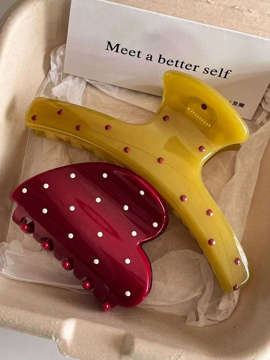 2pcs/1pc 11cm/4.33in Women's Yellow Polka Dot, Red Heart Shaped Polka Dot Lightweight Plastic Hair Clips, Fashionable Versatile Elegant Minimalist Solid Color Hair Claws, Suitable For Daily Outings, Leisure, Parties, Commuting, Vacation, Hairstyling, Washing Face/Hair, Makeup, Outfit Matching - Multicolor - View 1