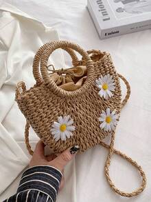 Daisy Straw Woven Bag | Romantic Essential For Summer Vacation And Daily Outings. Semi-Circular Body With 3D Daisy Decor! Dual Handle Design Includes A Short Hand Strap For Short Trips And A Detachable Long Shoulder Strap, Crossbody Or Shoulder Carry, Easily Matches Commuting, Shopping Or Beach Vacation Scenes. - Multicolor - View 6