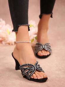 2026 Summer New Butterfly Rhinestone High Heel Mules, Elegant Thin Heel Slip-On Sandals For Women - Black - View 8