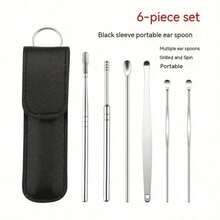 New Stainless Steel Ear Spoon Set| 6 Combinations, Spiral Adult Ear Cleaner Efficient Ear Spoon(8CM) - Black - View 1