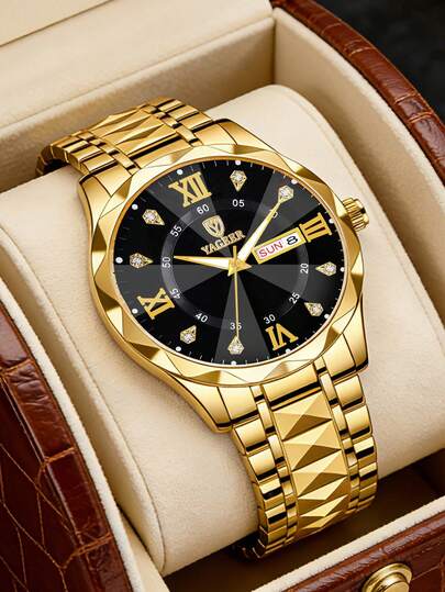 1pc Waterproof Boy's Wrist Watch, Luxury Business Fashion Style, Day & Date Display, Alloy Strap, Luminous Hands, Diamond Markers, Quartz Movement, Father's Day/Birthday Gift (No Box)