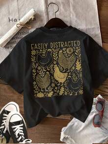 [Double-Sided Print] Spring And Summer Casual Women's Top, Vintage Style, Chicken, Floral, EASILY DISTRACTED Print, Round Neck, Pure Cotton Short-Sleeve T-Shirt [Ling K] Summer Outfits For Women V9Y6 - 黑色 - 查看 6