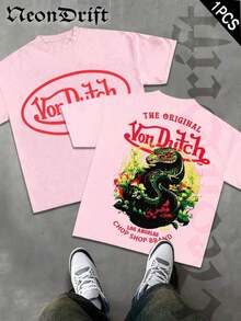 2026 New Arrival Unisex  Snake Graphic T-Shirt, Summer Cotton Pink Crew Neck Short Sleeve Oversized Tee, Vintage Los Angeles Chop Shop Print Casual Top For Streetwear & Y2K Outfits, Camiseta De Cuello Redondo - Màu Hồng baby - Xem 5