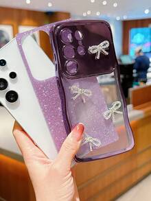 奢华3D闪亮水晶蝴蝶结波浪设计Galaxy S26 Ultra S25 Ultra S24 S22 Ultra S23 Ultra手机壳，闪粉镀层摄像头保护防摔保护套 - 紫色 - 查看 3