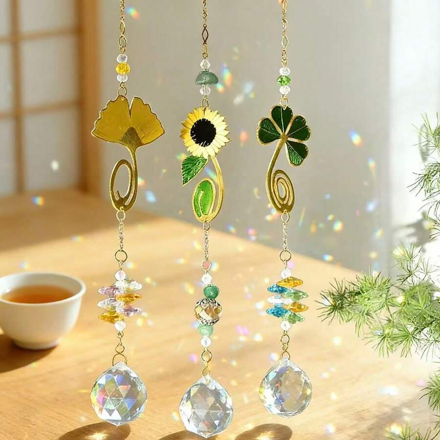 Boho Plant Crystal Suncatcher, Rainbow Prism Hanging Decor, Bedroom Balcony Garden Car Atmosphere Decoration, Girlfriend Festival Gift - 1 Item - View 1