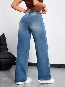 CHILAM Women's Denim Clothing, Baggy Pants, Denim Trousers, Women's Jeans, Women's Denim Pants - 中等水洗藍 - 查看 3