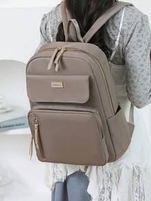 Ba lô nữ bằng nylon màu trơn, có lớp đệm, dung tích lớn, đa năng, kiểu dáng tối giản, phù hợp cho học sinh, người đi làm. - Màu Khaki - Xem 3