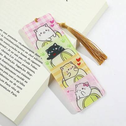 1 chiếc bookmark hình mèo chuối Kawaii bằng acrylic, có tua rua vàng, hình mèo và đồ dùng học tập tiện dụng, đồ dùng văn phòng phẩm dễ thương dành cho mọt sách.