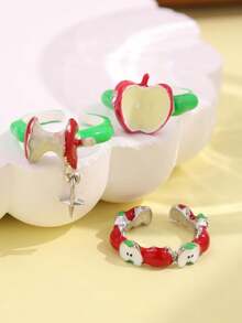 Set de 3 anillos con elemento de fruta dulce y lindo, con zirconia de color dopamina y esmalte, para mujer, para primavera/verano - Multicolor - Ver 3