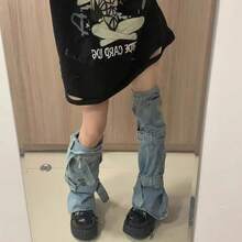 Y2K Washed Denim Leg Warmers With Buckle Straps, Cargo Pocket Slouchy Boot Covers For Streetwear & Festival Outfits - Blue - View 4