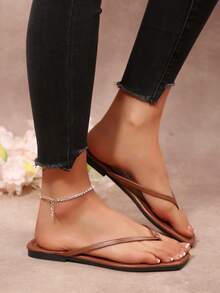 2026 Summer New Square Toe Flip Flops For Women, Minimalist Thin Strap Flat Sandals, Versatile Beach Holiday Slippers - Brown - View 8