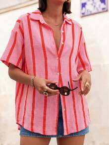 Women Color-Block Striped Loose Blouse Short Sleeve Elegant Cardigan Top, Suitable For Commute, Daily, Valentine's Day, Outing, Spring/Summer Pink - Pink - View 3