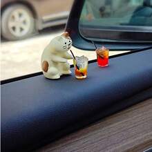 2pcs Cute Cat Car Decor, Resin Japanese Style Cat Ornament, Healing Decoration For Car Interior, Desk, Home, Micro Landscape, Back To School Season - Cat Drinking Beverage - View 2