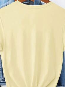 Women's Casual Short Sleeve T-Shirt - Light Yellow Dragonfly And Floral Print, Pure Round Neck Top, Machine Washable Non-See-Through Fabric, Breathable Versatile Outfit For Spring, Summer, And Autumn, Artistic Design, High-Quality Stitching,  Anti-Wrinkle Cotton T-Shirt - 杏色 - 查看 2