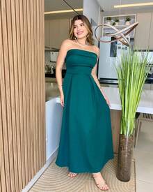 Women's Long Strapless Dress With Back Tie In Elegant Premium Tailoring - Dark Green - View 2