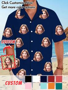 1 pieza Camisa hawaiana de manga corta casual personalizable para hombres con diseño de cara divertida, sube una foto para personalizar, apto para vacaciones y uso diario, regalo único para el Día del Padre/cumpleaños, ornamental, estilo perro, de moda, hipster, sobrio, disfraz fácil, moda modesta, minimalista elegante, casual personalizado, único, personalizado, regalos ideales para él, familia, novio, amigos, niños para aniversarios, cumpleaños, vacaciones - Multicolor - Ver 1