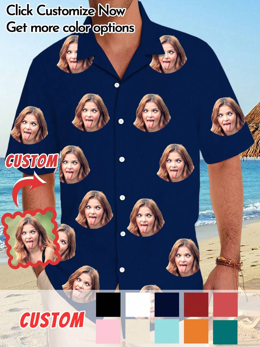 1 pieza Camisa hawaiana de manga corta casual personalizable para hombres con diseño de cara divertida, sube una foto para personalizar, apto para vacaciones y uso diario, regalo único para el Día del Padre/cumpleaños, ornamental, estilo perro, de moda, hipster, sobrio, disfraz fácil, moda modesta, minimalista elegante, casual personalizado, único, personalizado, regalos ideales para él, familia, novio, amigos, niños para aniversarios, cumpleaños, vacaciones - Multicolor - Ver 1