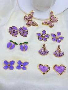 16pcs 8 Pairs Stainless Steel Light Purple Earrings Set, Including Heart, Leaf, Butterfly, Four-Leaf Clover And Flower Designs. French Romantic Style. Stainless Steel Women's Earrings, Loved By Women And Girls. Perfect As Wedding, Holiday And Party Gifts. Summer Beach Style. - Purple - View 5