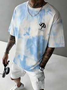 Tie-Dye Vacation Style Short Sleeve T-Shirt, New Summer Minimalist Versatile Round Neck Top, Casual Commute & Holiday Outfit - Blue and White - View 1