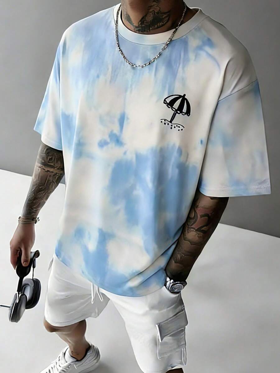 Tie-Dye Vacation Style Short Sleeve T-Shirt, New Summer Minimalist Versatile Round Neck Top, Casual Commute & Holiday Outfit - Blue and White - View 1