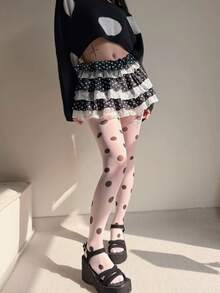 1 Pair Large Polka Dot Stockings, Fashionable Boho Style Dot Print, Ultra-Thin Sheer Tights, Sexy Pantyhose For Women - Black and White - View 3