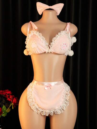 Conjunto de lencería de juego de roles de gato sexy rosa: diadema con orejas de gato + sujetador + bragas + delantal, 4 piezas