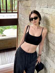 Women's Slim-Fit Solid Tank Top With Built-In Bra | Versatile Short Camisole For Street, Resort, And Hot Girl Summer Vibes - Black - View 5