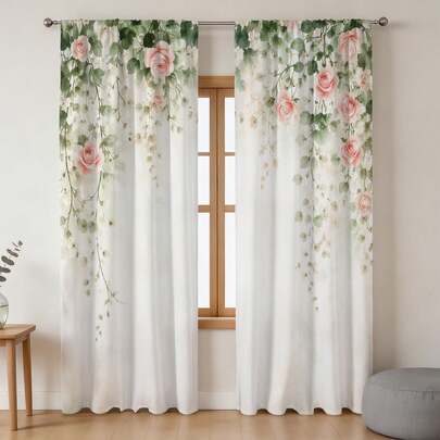 Rèm cửa họa tiết dây leo hoa hồng màu hồng cho phòng khách - Rèm cửa cản sáng hoa văn phong cách Shabby Chic lãng mạn cho phòng ngủ, bộ 2 tấm rèm, rèm cửa sổ họa tiết vườn thực vật (Tham khảo bảng kích thước rèm)