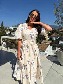 Women Elegant Boho Floral Print A Line Casual Midi Dress - White - View 2