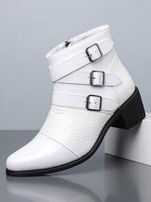 1 Pair Men's Pointed Toe Mid-Calf Boots With 3 Buckles, PU Leather Upper, Rubber Sole, Comfortable Slip-On Casual Business Boots - White - View 2