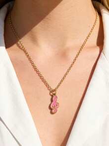Mazuer 1件粉色少女风不锈钢滴油心形锁扣项链，蝴蝶结，音符，十字架吊坠，18K镀金锁骨链，浪漫日常佩戴及女士生日礼物 - 彩色 - 查看 10