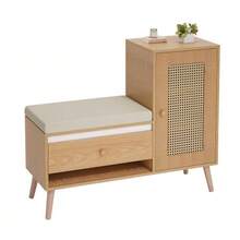 Meuble à chaussures, banc d'entrée en rotin avec rangement pour chaussures et coussin d'assise – Banc d'entrée multifonctionnel avec tiroirs et compartiments ouverts, une porte de placard - Couleur naturelle - Voir 1