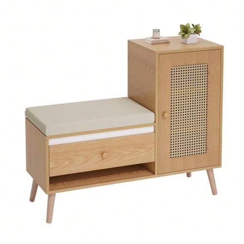 Meuble à chaussures, banc d'entrée en rotin avec rangement pour chaussures et coussin d'assise – Banc d'entrée multifonctionnel avec tiroirs et compartiments ouverts, une porte de placard - Couleur naturelle - Voir 1