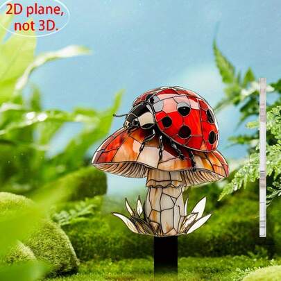 2D Flat Printed, Vivid Outdoor Decor, Ladybug & Mushroom Sculpture Stakes, Suitable For Lawn, Garden And Yard Landscaping, Made Of Acrylic Material