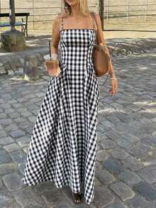 PoPoHouse Women's Cotton Gingham Print Midi Dress Sexy Backless Spaghetti Strap Square Neck Dress For Daily Casual Date Commute Summer Beach Vacation Going Out Outfit Black & White Gingham Dress - Black - View 4