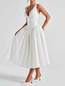 Vestido de verano de estilo francés romántico de Elio Closet para mujer, de color blanco, con bordado calado, escote en V profundo, sin mangas, cintura con lazo, fluido y elegante. Atuendo casual adecuado para salidas de verano, ceremonias de graduación, fiestas, festivales de música country, citas - Blanco - Ver 9