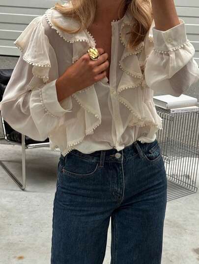 Look-Polly Women's Spring Romantic Layered Ruffle Blouse, Office Wear For Ladies, With Tassel Ball Decor, Suitable For Parties, Dates, And Casual Outfits