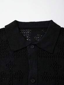 ANDREILEE 春夏男女通用 Polo 领休闲街头百搭通勤半透明纽扣短袖开衫针织衫，黑色毛衣 - 黑色 - 查看 4