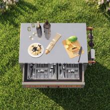 Garden Cabinet With Wheels And Stainless Steel Worktop – Mobile Tool Cabinet With Drawer And Shelf, Weatherproof Sideboard With Double Shelf And Towel Rack, Barbecue Station - Natural - View 5