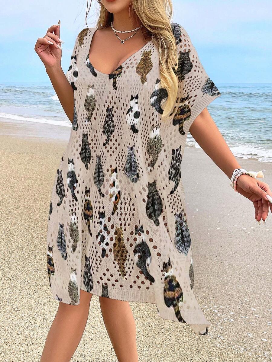 Women's Beach Cover-Up, Fashion Casual Hollow Out Printed Swimsuit Cover-Up (Bikini Not Included) - Multicolor - View 1