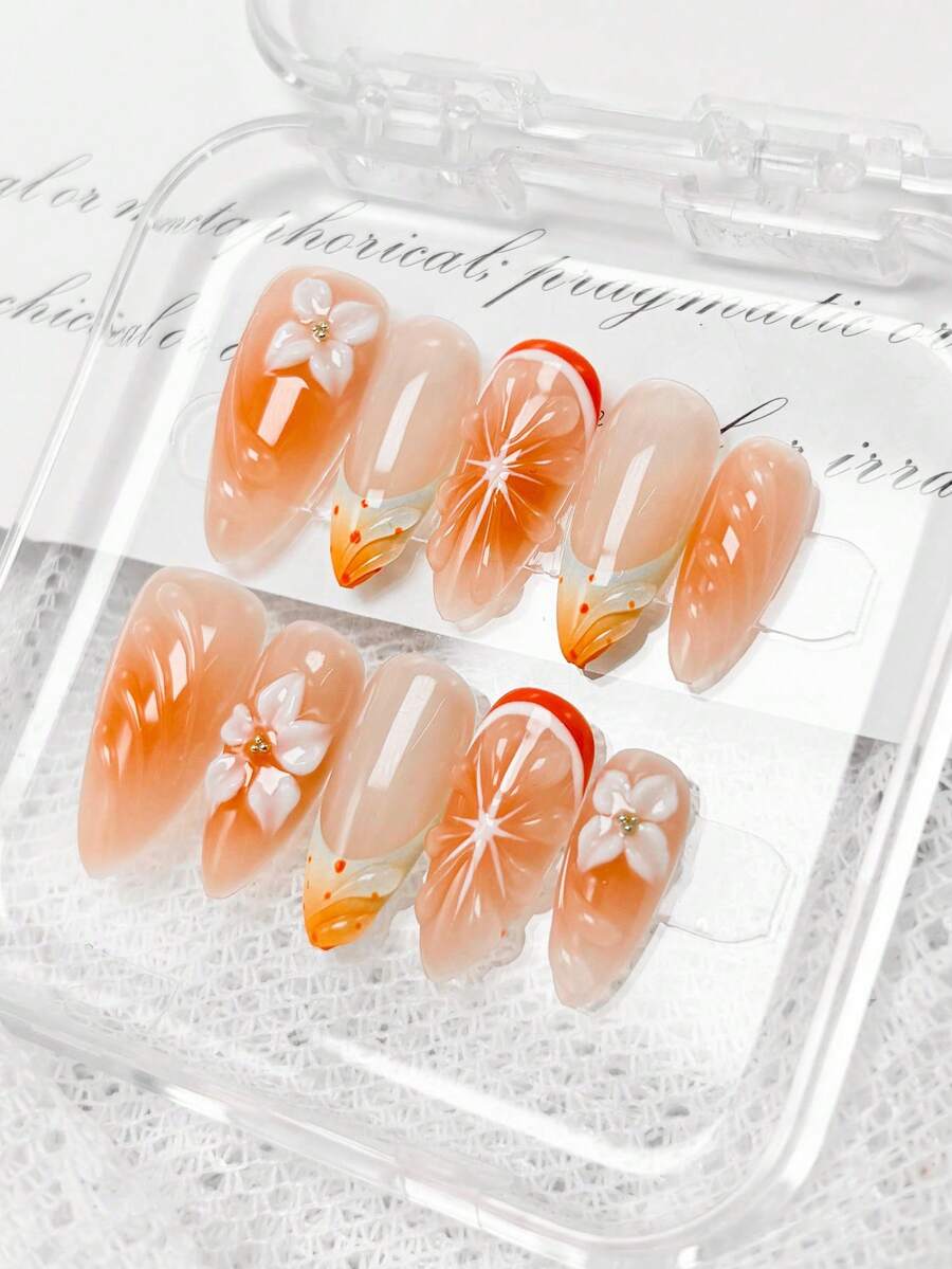 10片手工制作杏仁形美甲贴片，夏日海滩风，渐变橙色，波点法式尖角，3D橙色装饰，高品质亚克力假指甲套装，适合女性和女孩日常佩戴 - 彩色 - 查看 1