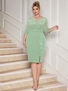 Đầm cocktail dáng đuôi cá cổ chữ V sâu, đính sequin và ren hoa, phối ren, viền bèo nhún, cỡ lớn, phù hợp cho khách dự đám cưới, sinh nhật, lễ tốt nghiệp, dạ hội, lễ hội trường và các dịp khác, thanh lịch mùa hè. - Màu xanh Bạc hà - Xem 8