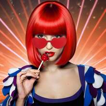 Cyberpunk Bob Wig & Glasses Set - 20+ Neon Colors With Adjustable Fringe | Multi-Tone Synthetic Hair For Cosplay, Rave, Halloween & Daily Bold Fashion (Hot Red/Lime Green/Orange/Light Pink/Plum Purple/Neon Blue/Neon Lilac/Golden Blonde/Black) - 紅色 - 查看 3