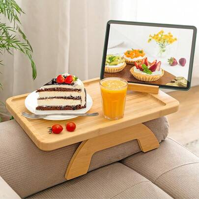 Bamboo Sofa Tray Table Clip On Side Table For Wide Couches Arm, Foldable Couch Tray With 360° Rotating Phone Holder, Armrest Table For Eating, Drinks, Snacks, Remote, Control