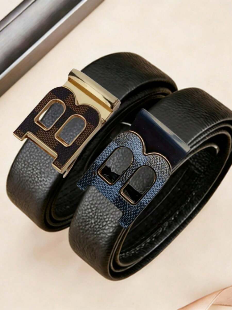 Thắt lưng nam bằng da PU màu đen với khóa hình chữ B kẻ caro, phụ kiện thời trang thường ngày và công sở. - Nhiều màu - Xem 1